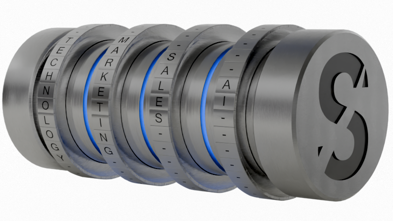 The revenue mechanism rendered as a steel cryptex, open, its four ring gaps aligned and lit blue