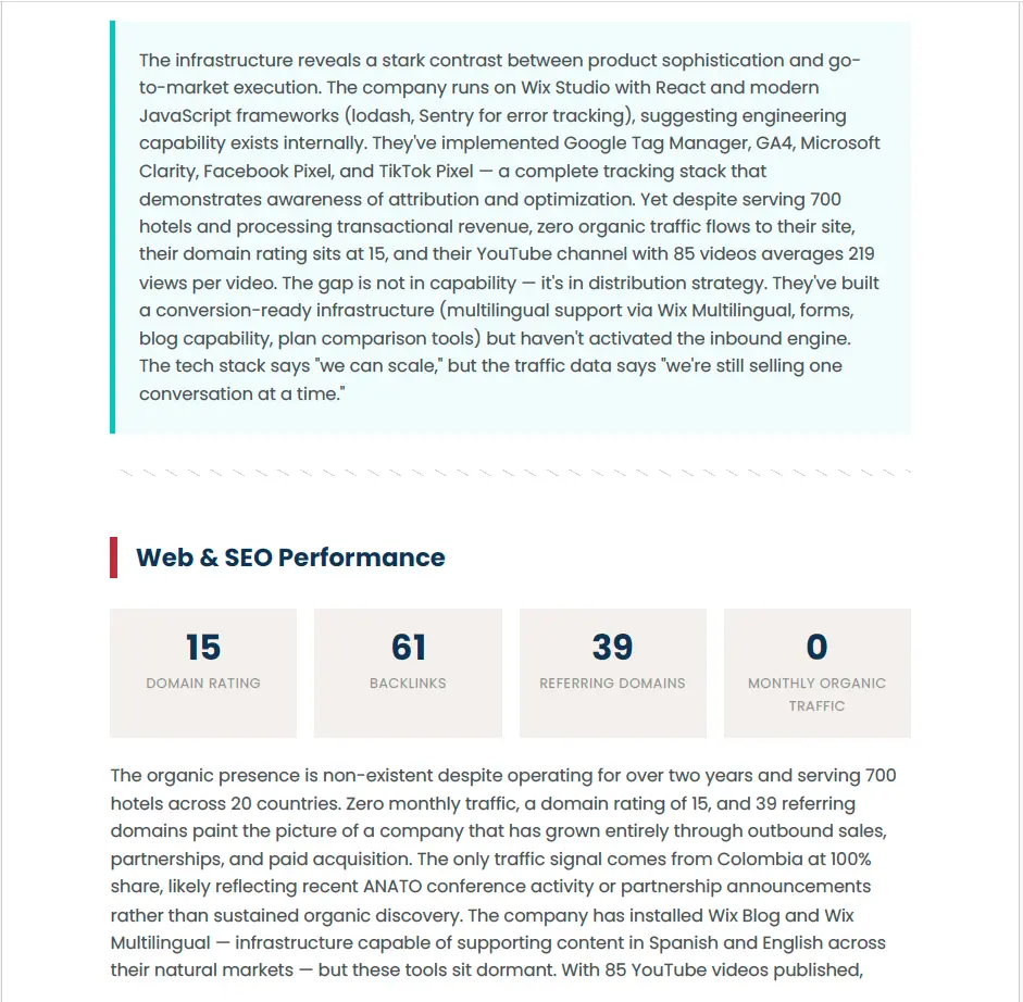 A sample page of the Growth Engine Report, showing the analysis of a company's revenue infrastructure.