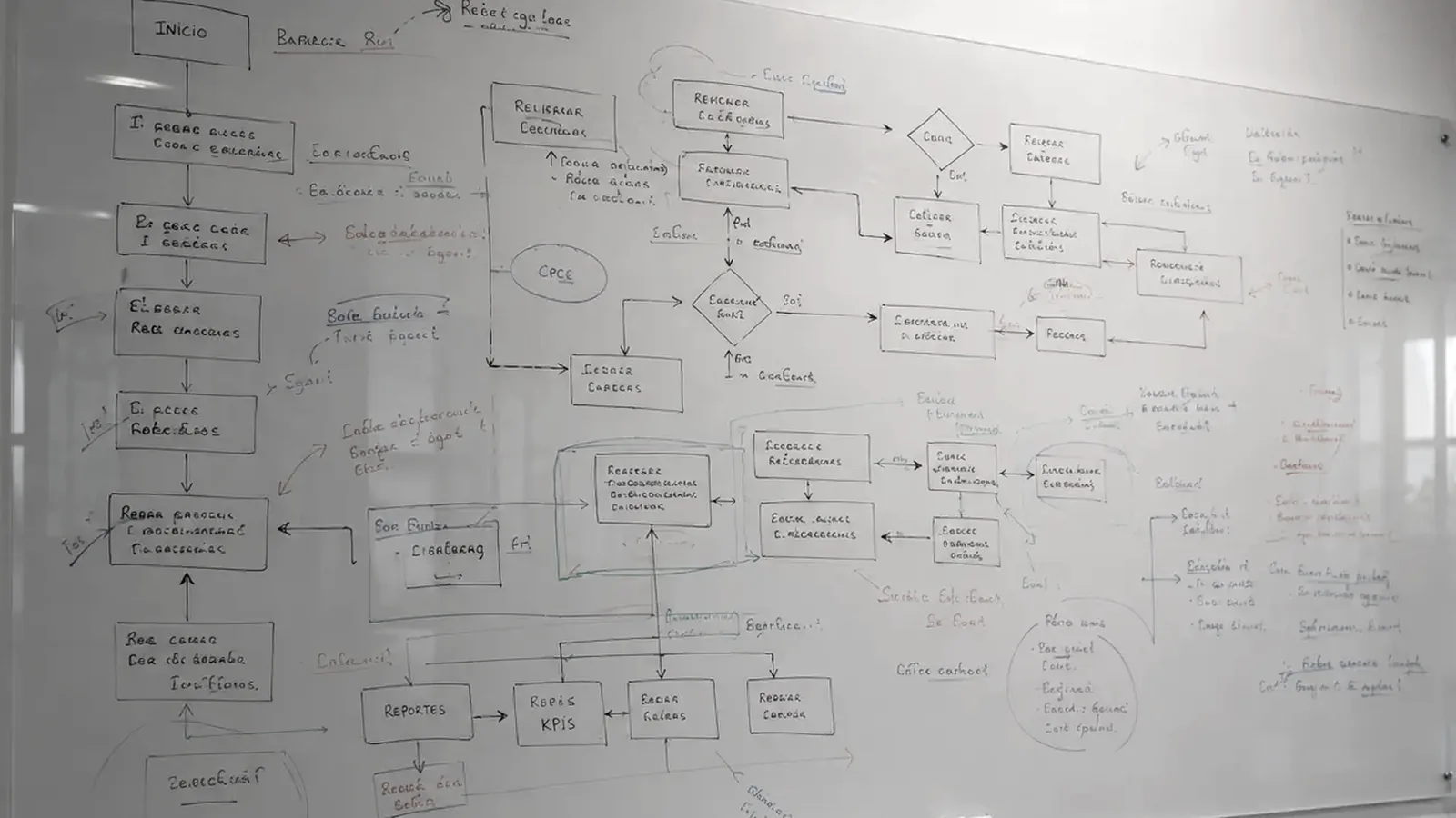 A process map drawn by hand on a whiteboard, its orderly first column overwritten by corrections, branches and notes in several hands